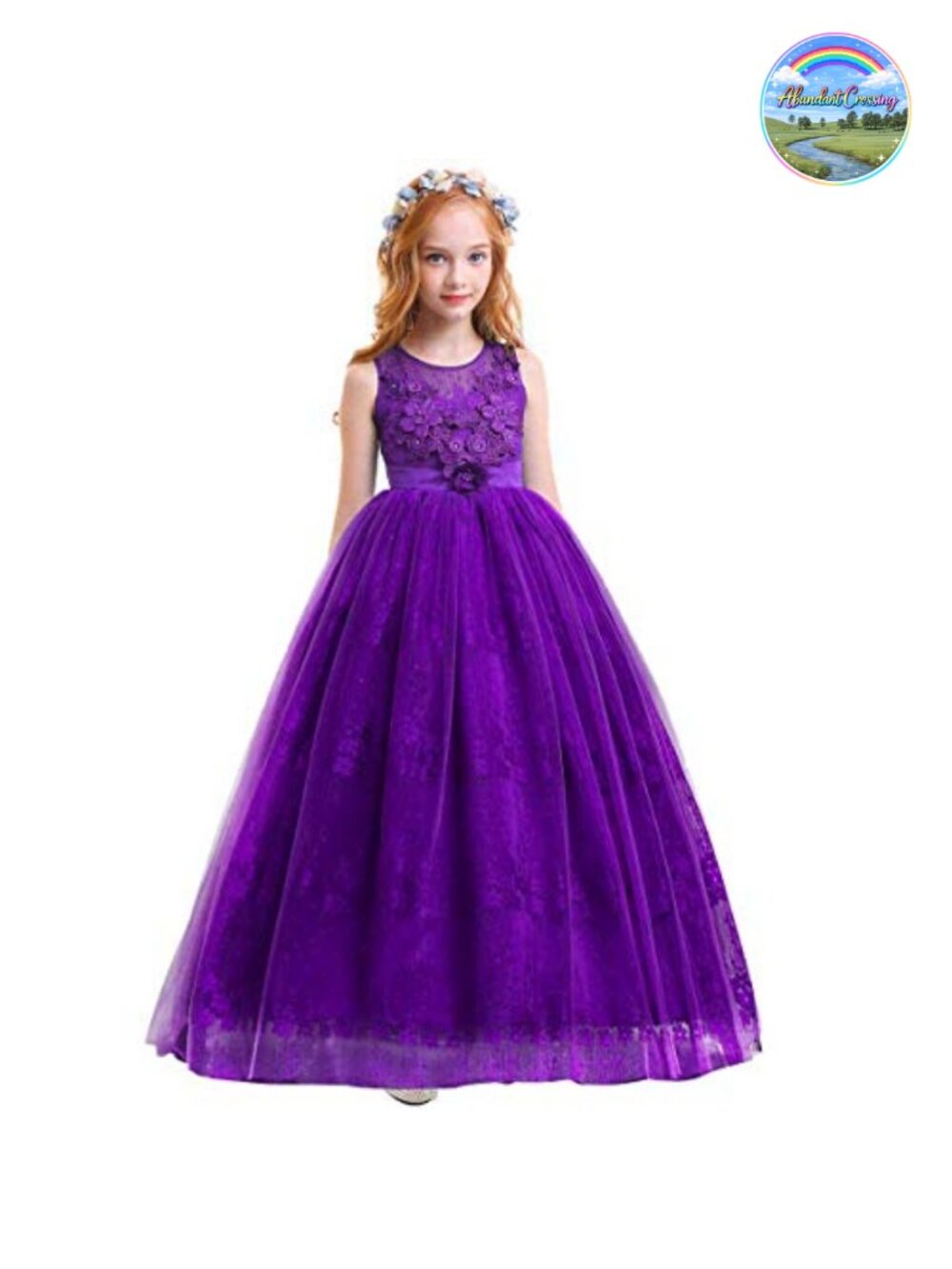 Girls Lace Applique Tulle Princess Long Dress Formal Party Gown